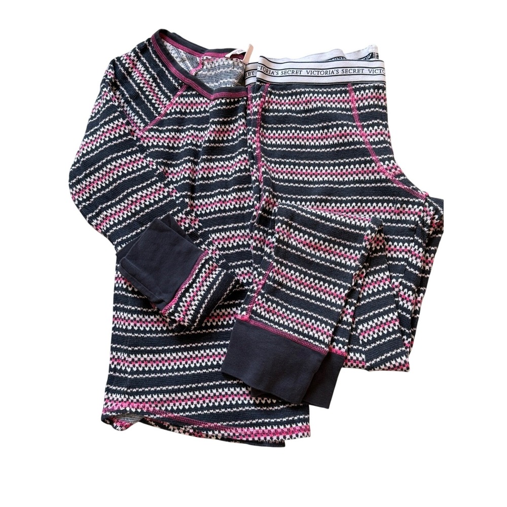 Victorias Secret Thermal Pajama Set Pink Black Fair Isle Waffle Knit Loungewear